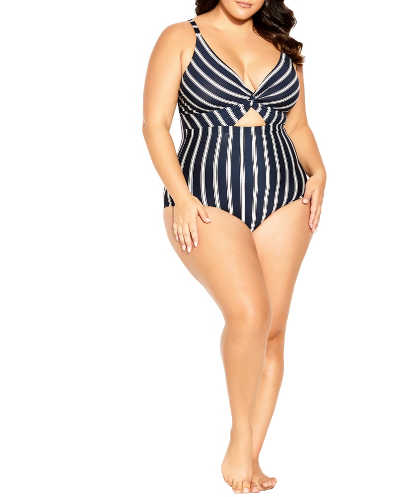 Front of a model wearing a size XS Majorca One Piece Swimsuit in Navy Stripe by City Chic. | dia_product_style_image_id:271678
